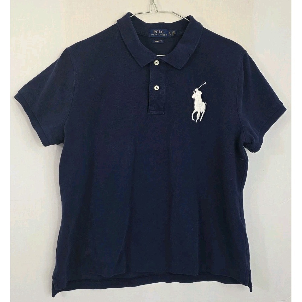 Polo Ralph Lauren Polo Shirt Boys XL  Skinny Fit Navy Blue White Big Pony EUC